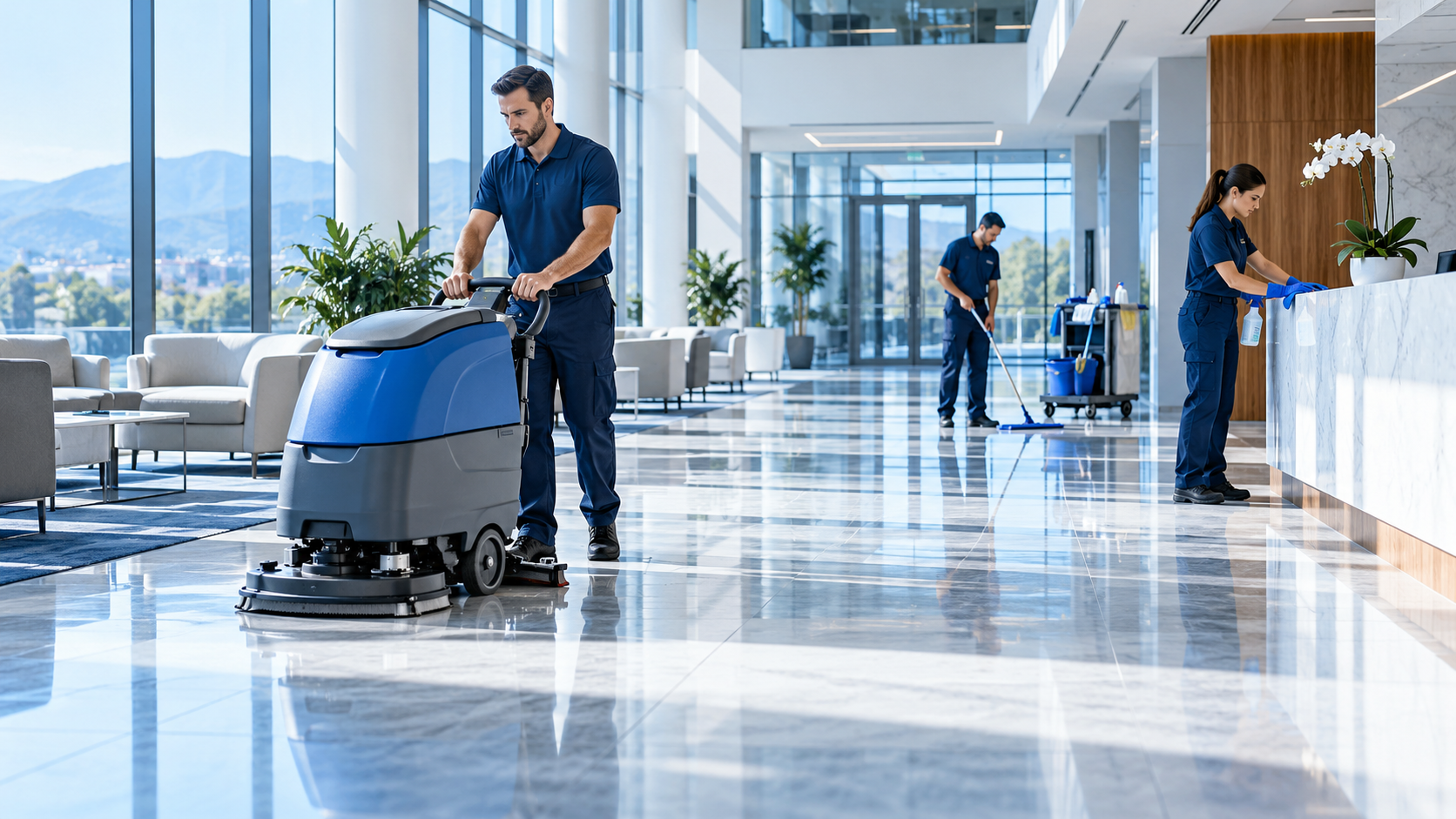 Illustrative professional commercial cleaning team using floor equipment and cleaning reception surfaces